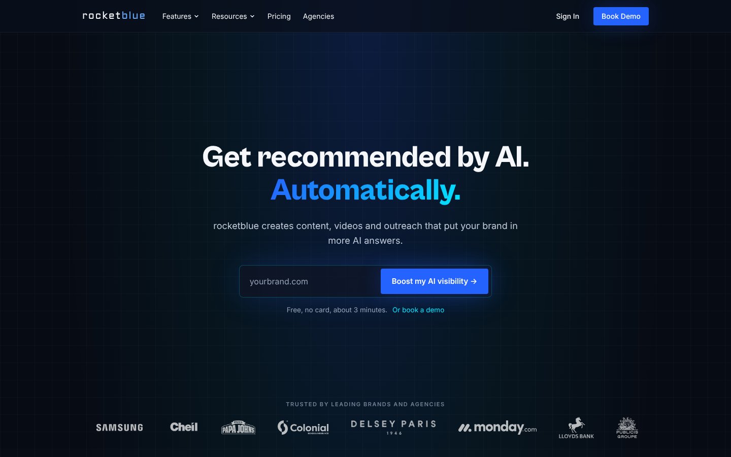 rocketblue homepage - automated AI visibility platform